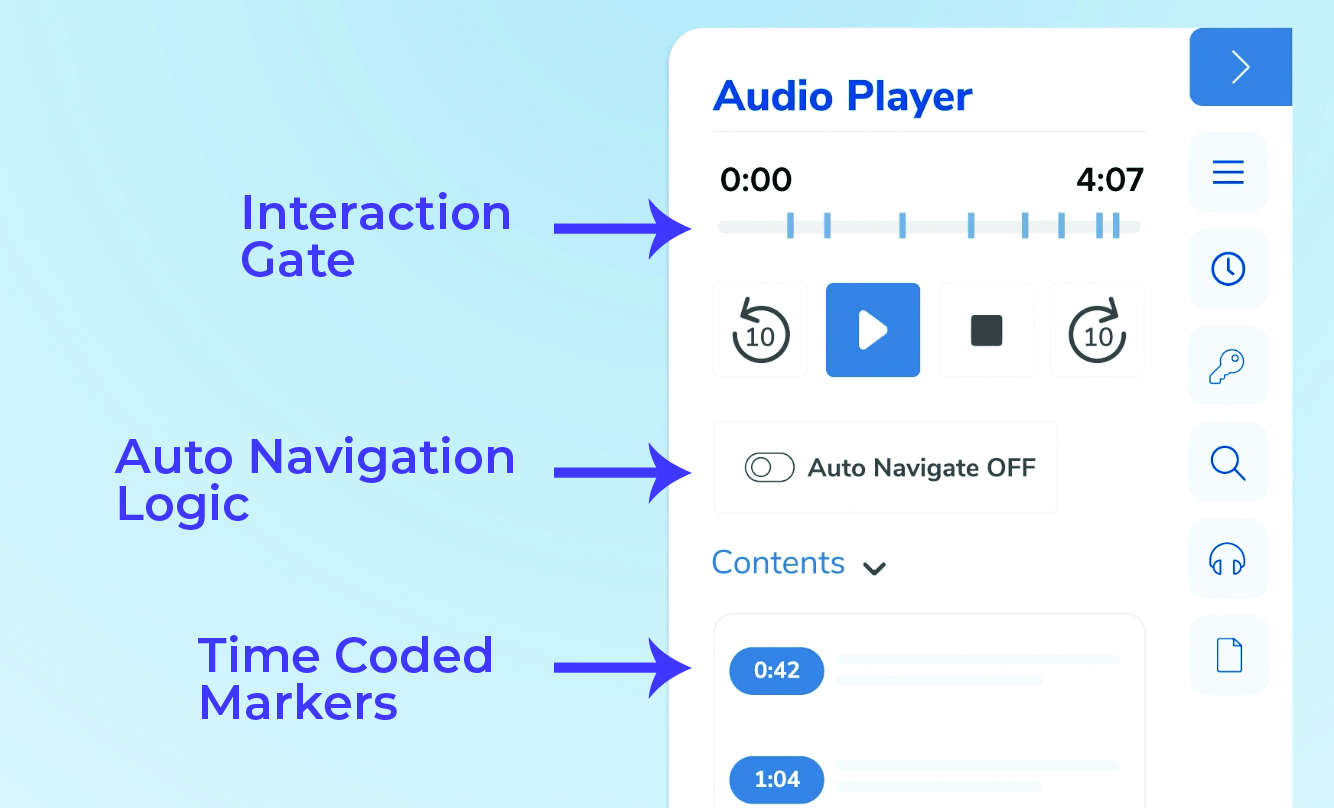 Audio sync plugin showing time-coded markers driving scroll and playback behavior in Adapt